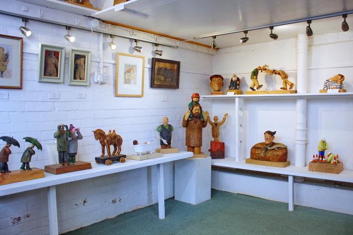 John Butler woodcarver Bideford Pannier Market shop interior
