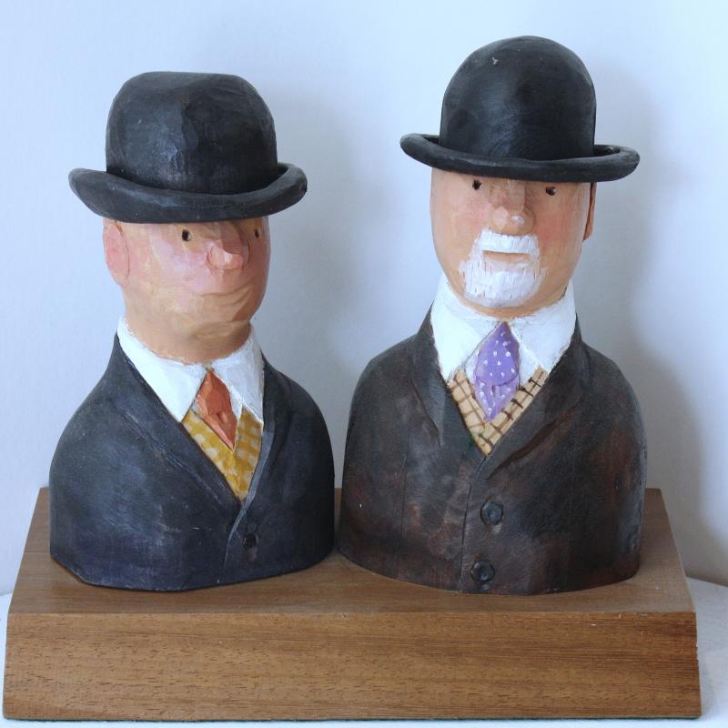 John Butler woodcarver two gentleman with bowler hats Bideford Pannier Market shop interior
